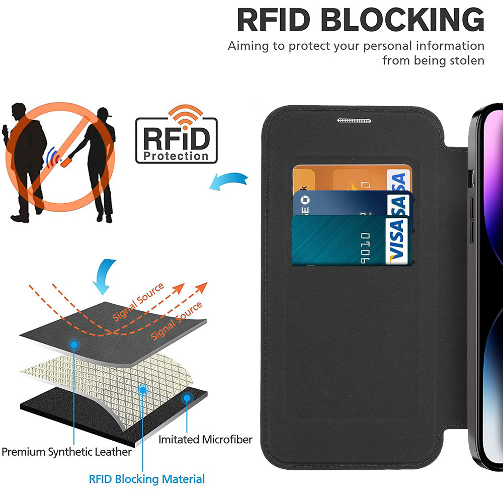 Phone Cover for iPhone 14 Pro Compatible with MagSafe RFID Blocking Card Slots Fully Wrapped PU Leather TPU Electroplating Clear Back Flip Case with Lens Film Phone Cover for iPhone 14 Pro Compatible with MagSafe RFID Blocking Card Slots Fully Wrapped PU Leather TPU Electroplating Clear Back Flip Case with Lens Film